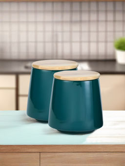 The Better Home - Ceramic Jar with Bamboo Lid 500Ml, Green (Pack of 2)