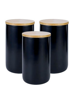 The Better Home - Ceramic Jar with Bamboo Lid, 1000Ml, Black (Pack of 3)