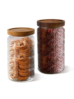The Better Home - Glass Cookie Jars with Wooden Lid 1000Ml (Pack of 2)