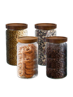 The Better Home - Glass Cookie Jars with Wooden Lid, 1000Ml (Pack of 4)