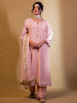 Harleen Kaur - Pink Chanderi Hand Embroidered Kurta with Pant and Dupatta (Set of 3)
