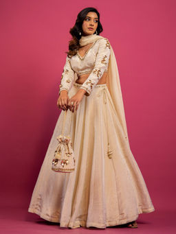 Harleen Kaur - Off White Tissue Hand Embroidered Lehenga with Blouse and Dupatta (Set of 3)