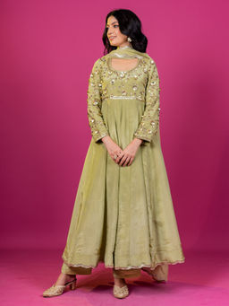 Harleen Kaur - Green Tissue Hand Embroidered Anarkali with Pant and Dupatta (Set of 3)