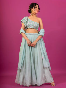 Harleen Kaur - Sky Blue Hand Embroidered Lehenga with Blouse and Dupatta (Set of 3)