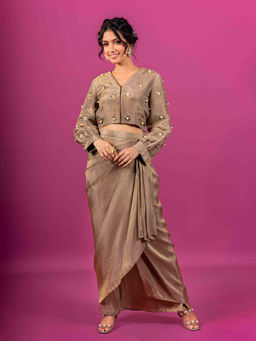 Harleen Kaur - Brown Tissue Embellished Pre-Draped Skirt with Crop Top (Set of 2)
