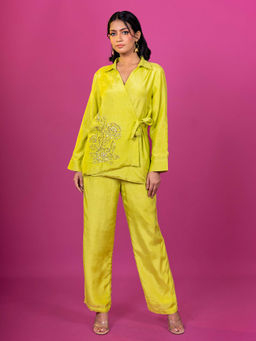 Harleen Kaur - Lime Yellow Chanderi Hand Embroidered Co-Ord (Set of 2)