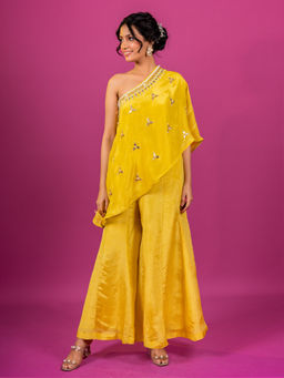 Harleen Kaur - Yellow Haldi Tissue Hand Embroidered One Shoulder Cape Top and Palazzo (Set of 2)