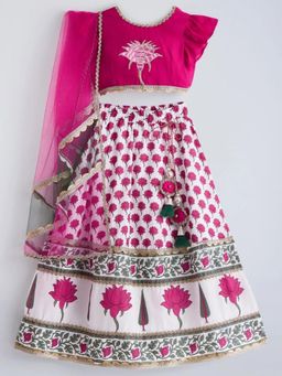 Hopscotch - Floral Applique Lacing Lehenga and Choli with Dupatta