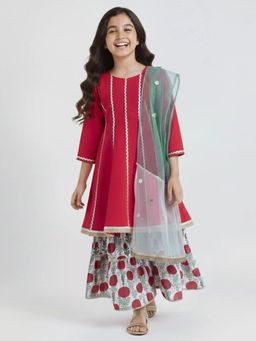 Hopscotch - Floral Lace Trim Ethnic Kurta and Sharara with Dupatta