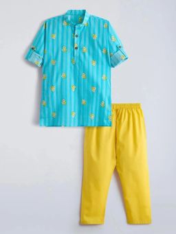 Hopscotch - Floral Striped Cotton Kurta and Pajama