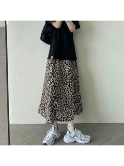 PARTIQ - Women Beige Animal Print Midi Skirt