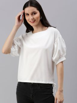 SHOWOFFFF - Women's Solid Regular White Round Neck Top