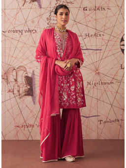 Lakshita - Carmine Red Embroidered Rayon Kurta With Sharara And Dupatta (Set of 3)