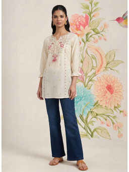 Lakshita - White Tie-Up Neck Kurti With Multi-Colour Embroidery