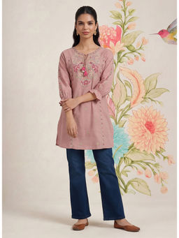 Lakshita - Peach Floral Kurti With Multi-Colour Embroidery