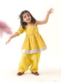 JILMIL - Yellow Cotton Lurex Flounce Kurta Pyjama (Set of 2)