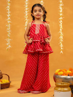 JILMIL - Red Printed Tie-Up Straps Peplum Top with Palazzo (Set of 2)