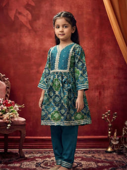 JILMIL - Girls Blue Cotton Printed Anarkali with Pant
