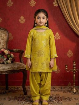 JILMIL - Girls Yellow Cotton Printed Kurta with Salwar and Dupatta