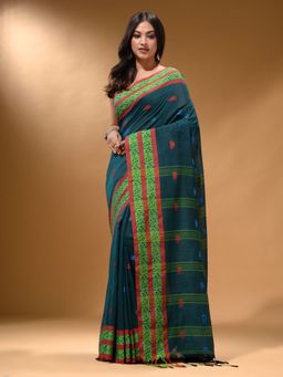 Arhi - Teal Cotton Handspun Soft Nakshi Border Saree with Unstitched Blouse