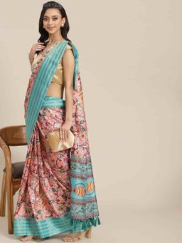 Silk Land - Banarasi Art Silk Floral Printed Saree with Unstitched Blouse Piece Pink with Unstitched