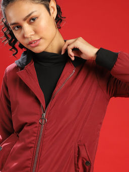 Campus Sutra - Red Women Solid Stylish Casual Bomber Jacket