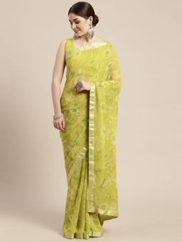 VAIRAGEE - Green Floral Celebrity Saree with Unstitched Blouse