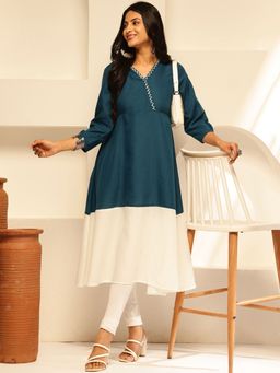 Vbuyz - Blue and Off White Colorblock A-Line Kurta