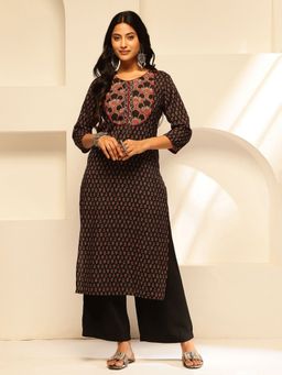 Vbuyz - Black Floral Printed Straight Cotton Kurta