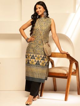 Vbuyz - Yellow and Grey Ethnic Printed Straight Cotton Kurta