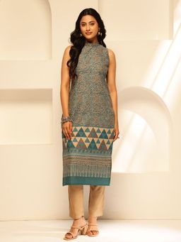 Vbuyz - Aqua and Beige Ethnic Printed Straight Cotton Kurta