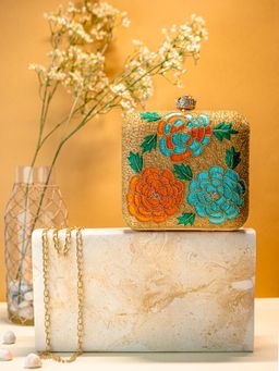NR by Nidhi Rathi - Cream, Blue and Orange Embellished Box Clutch With Detachable Chain