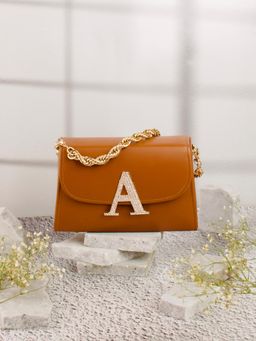 NR by Nidhi Rathi - Tan and Gold-Toned Embellished Box Clutch with Alphabet 'A' With Detachable Chain