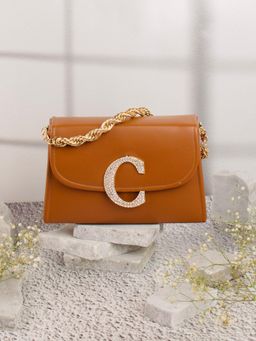 NR by Nidhi Rathi - Tan and Gold-Toned Embellished Box Clutch with Alphabet 'C' With Detachable Chain