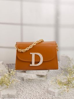 NR by Nidhi Rathi - Tan and Gold-Toned Embellished Box Clutch with Alphabet 'D' With Detachable Chain