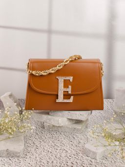 NR by Nidhi Rathi - Tan and Gold-Toned Embellished Box Clutch with Alphabet 'E' With Detachable Chain