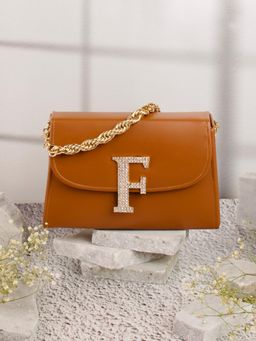 NR by Nidhi Rathi - Tan and Gold-Toned Embellished Box Clutch with Alphabet 'F' With Detachable Chain