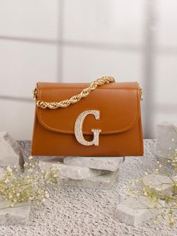 NR by Nidhi Rathi - Tan and Gold-Toned Embellished Box Clutch with Alphabet 'G' With Detachable Chain