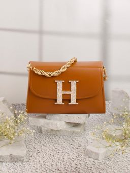 NR by Nidhi Rathi - Tan and Gold-Toned Embellished Box Clutch with Alphabet 'H' With Detachable Chain