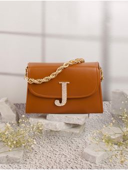 NR by Nidhi Rathi - Tan and Gold-Toned Embellished Box Clutch with Alphabet 'J' With Detachable Chain