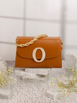 NR by Nidhi Rathi - Tan and Gold-Toned Embellished Box Clutch with Alphabet 'O' With Detachable Chain