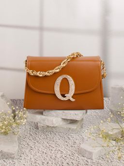 NR by Nidhi Rathi - Tan and Gold-Toned Embellished Box Clutch with Alphabet 'Q' With Detachable Chain