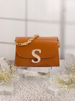 NR by Nidhi Rathi - Tan and Gold-Toned Embellished Box Clutch with Alphabet 'S' With Detachable Chain