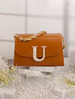 NR by Nidhi Rathi - Tan and Gold-Toned Embellished Box Clutch with Alphabet 'U' With Detachable Chain