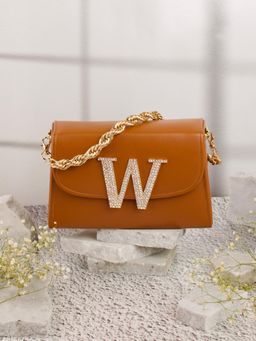 NR by Nidhi Rathi - Tan and Gold-Toned Embellished Box Clutch with Alphabet 'W' With Detachable Chain