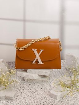 NR by Nidhi Rathi - Tan and Gold-Toned Embellished Box Clutch with Alphabet 'X' With Detachable Chain