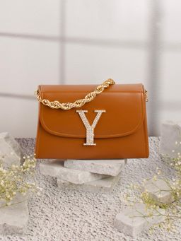 NR by Nidhi Rathi - Tan and Gold-Toned Embellished Box Clutch with Alphabet 'Y' With Detachable Chain