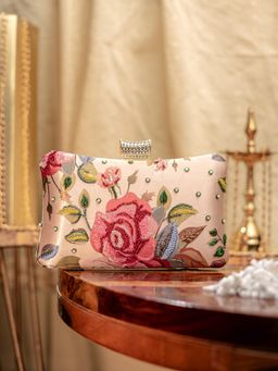 NR by Nidhi Rathi - Womens Pink Floral Print Embellished Box Clutch