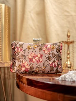 NR by Nidhi Rathi - Womens Beige Floral Print Embellished Box Clutch