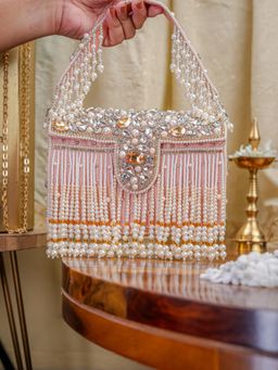 NR by Nidhi Rathi - Pink and White Embellished Foldover Clutch with Pearl Tassels